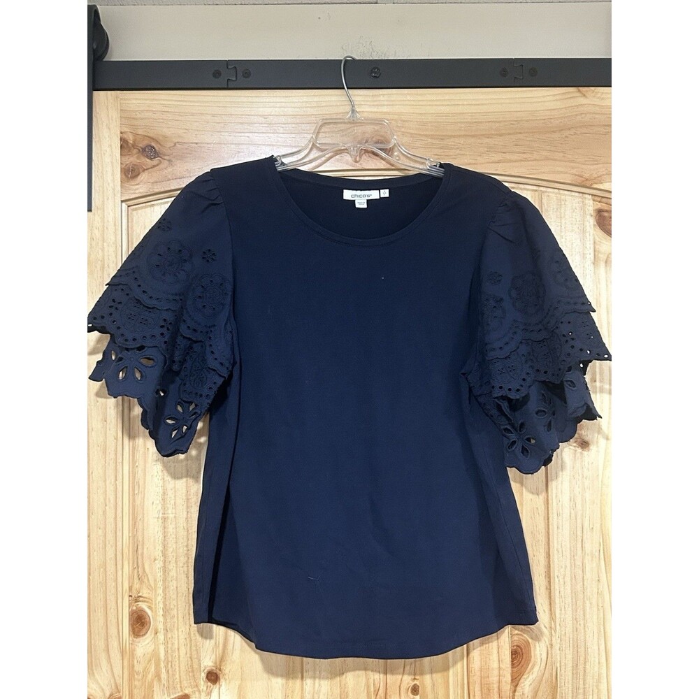 Chicos Women’s Too Tiered Eyelet Embroidery Ruffled Sleeves Navy Blue Size 2 L